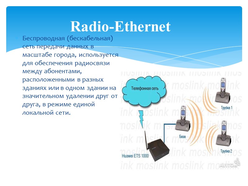 Radio-Ethernet   Беспроводная (бескабельная) сеть передачи данных в масштабе города, используется для обеспечения